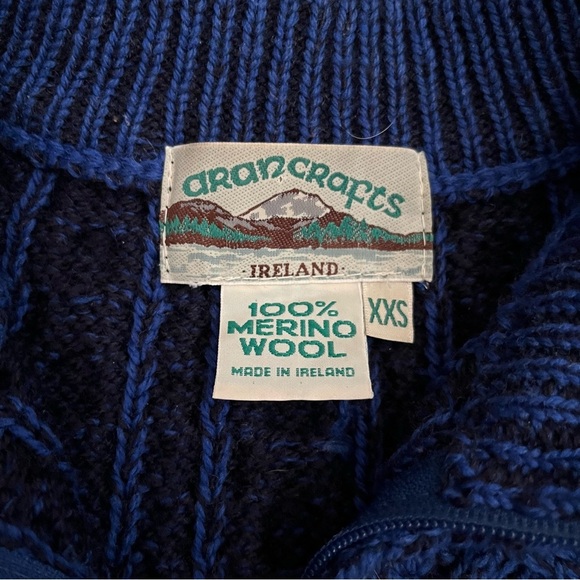 Aran Crafts Merino Wool Cable Knit Long Zip Up Sweater Women’s XXS Navy & Black - Picture 5 of 10